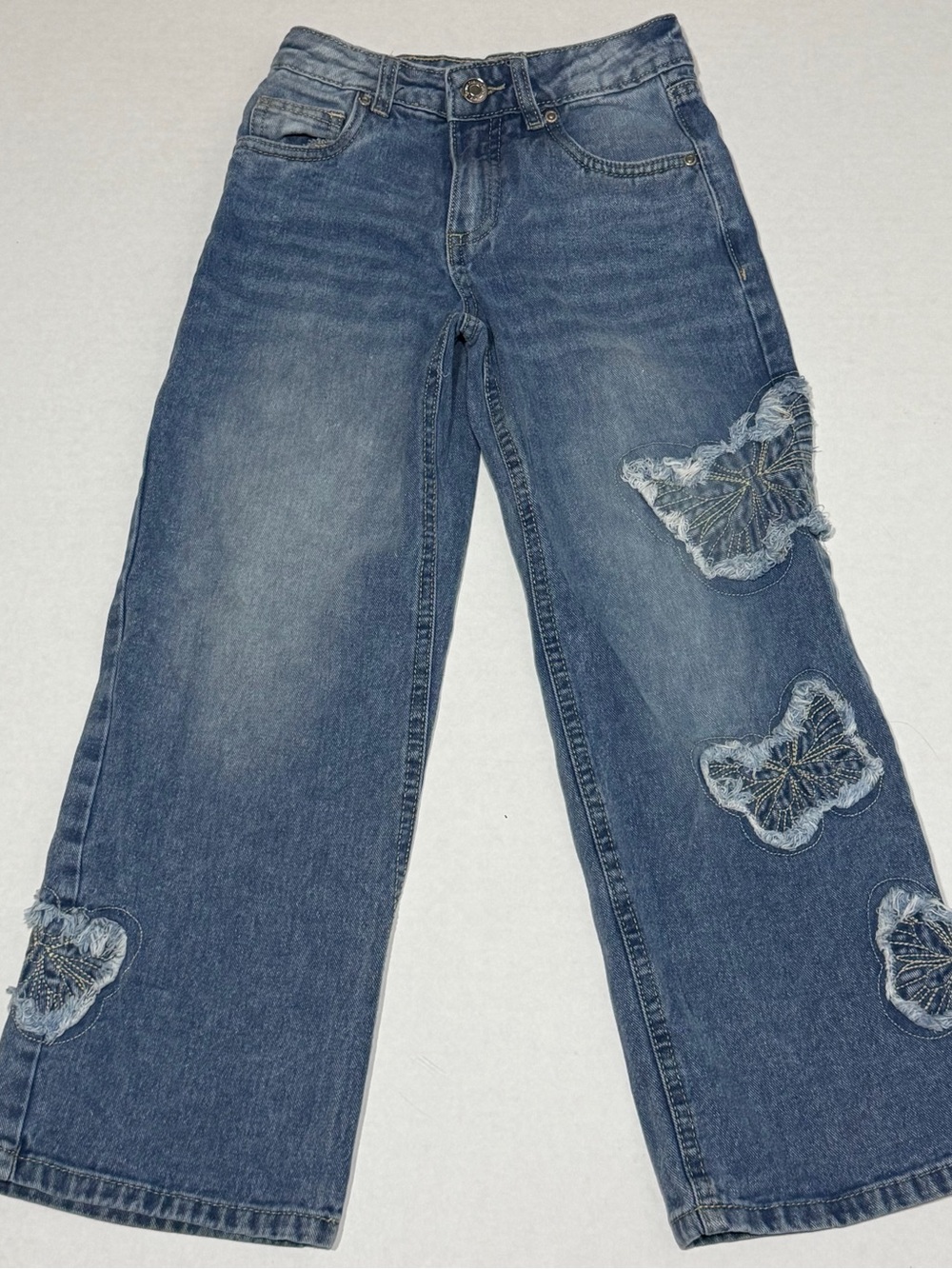 Blue Kids Girls Embroidered Butterfly Wide-Leg Jeans